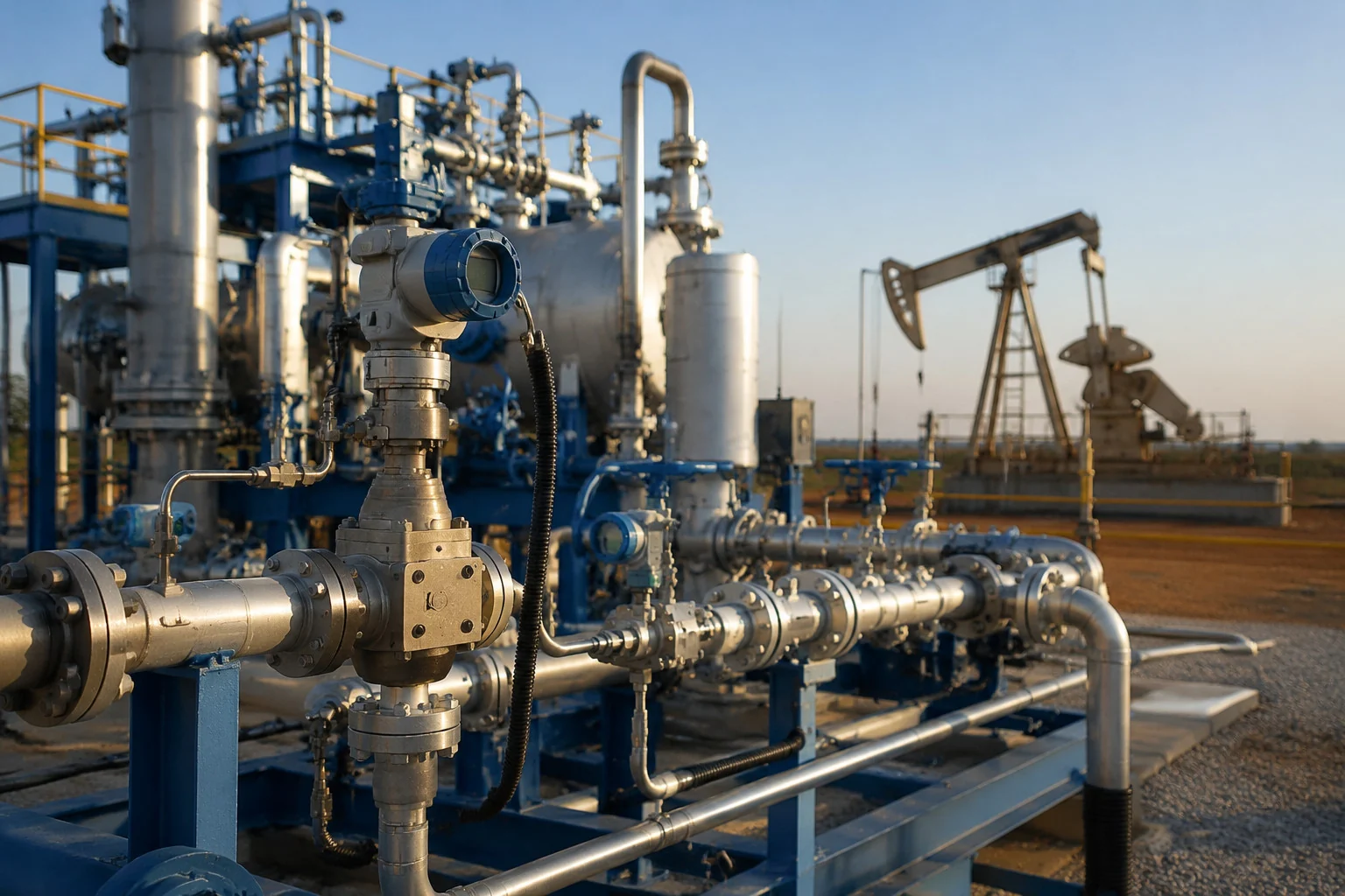 Bir petrol ve gaz boru hattı manifoldu üzerine monte edilmiş basınç ve sıcaklık cihazları